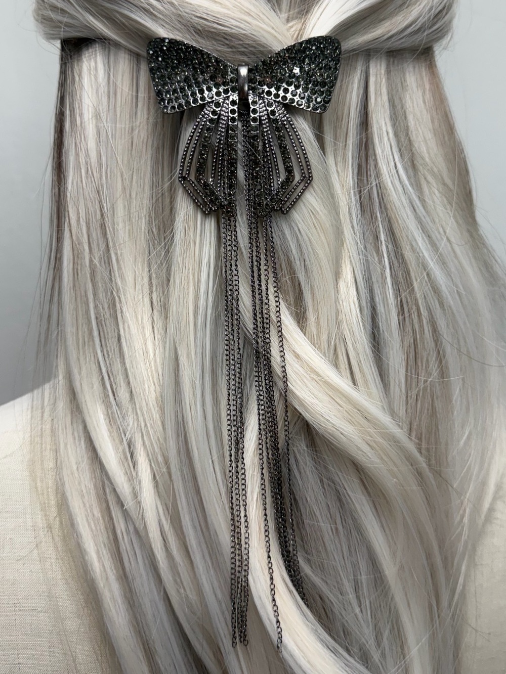 Black Rhinestone Bow Hair Barrette Long Tassel Hair Clip Statement Goth Glam